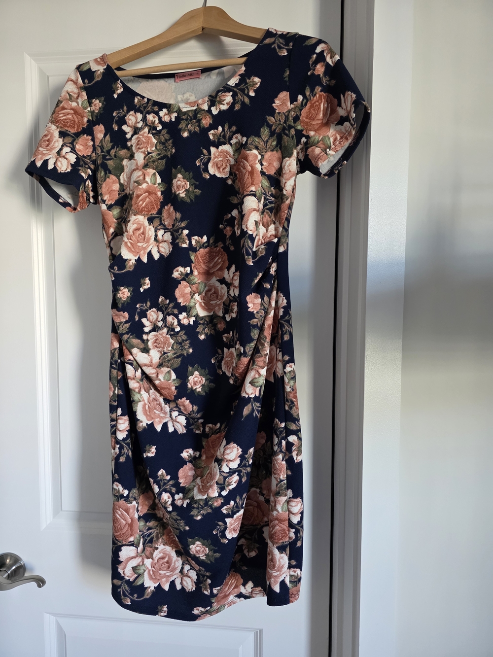 Hello MIZ Navy Midi Maternity Dress with Blush Rose Floral Print